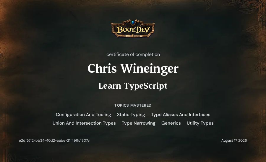 Chris Wineinger's Boot.dev Learn TypeScript certificate
