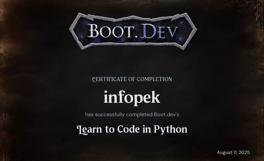 infopek's Boot.dev Introduction to Python Course certificate