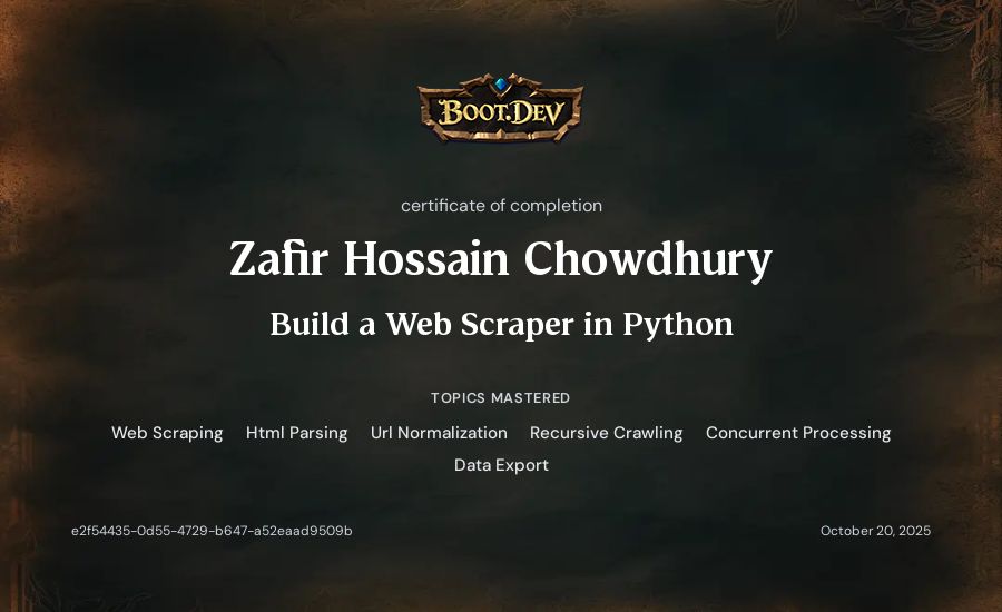 Zafir Hossain Chowdhury's Boot.dev Build a Web Scraper in Python certificate