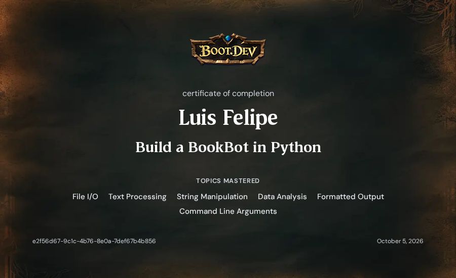 Luis Felipe's Boot.dev Build a BookBot in Python certificate