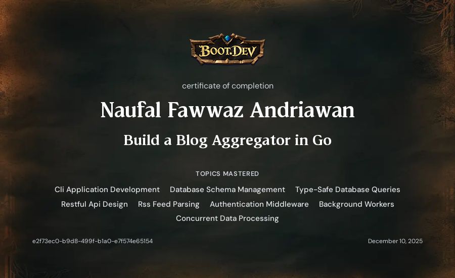Naufal Fawwaz Andriawan's Boot.dev Build a Blog Aggregator in Go certificate
