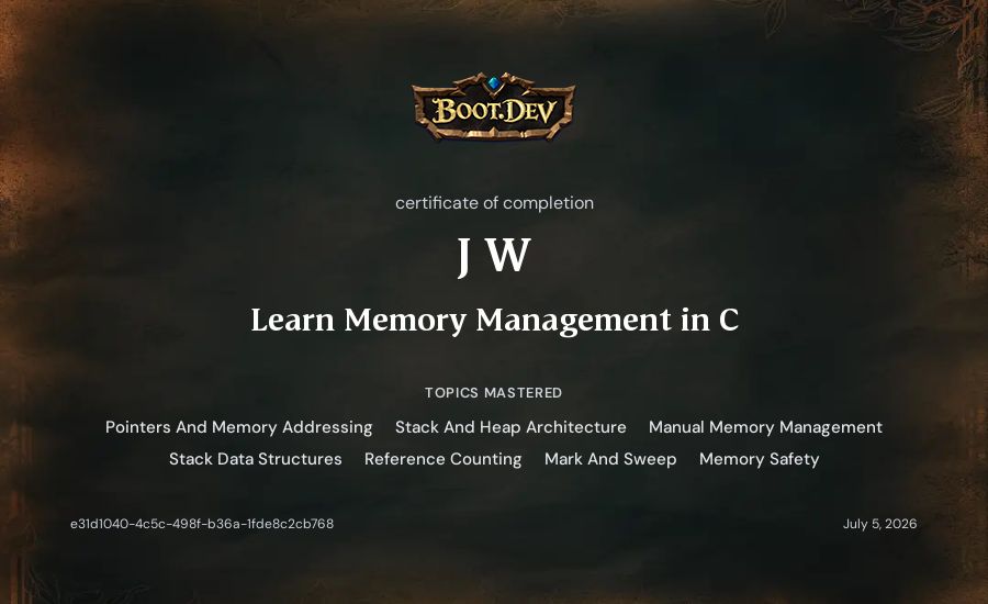 J W's Boot.dev Learn Memory Management in C certificate