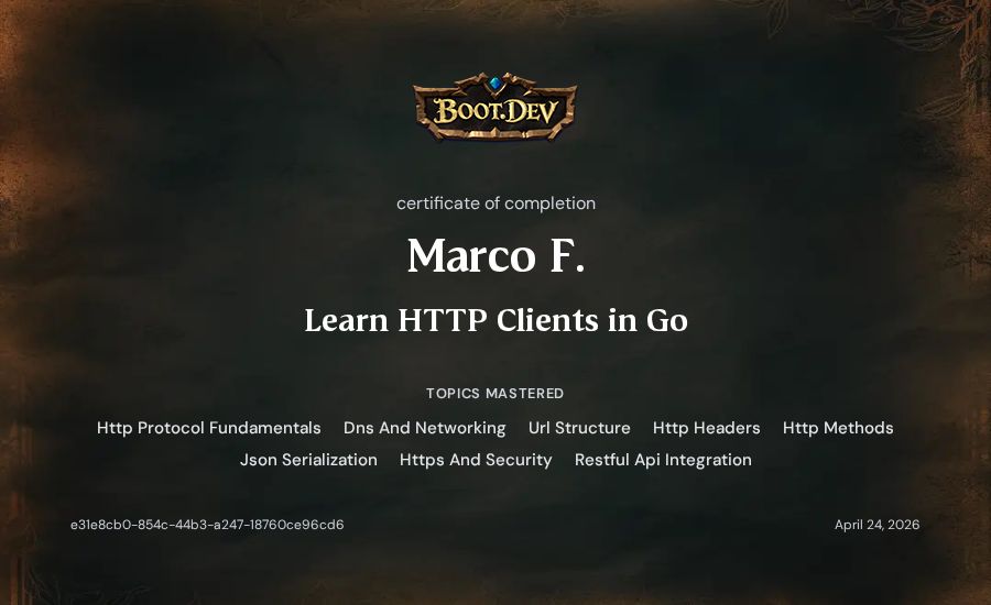 Marco F.'s Boot.dev Learn HTTP Clients in Go certificate