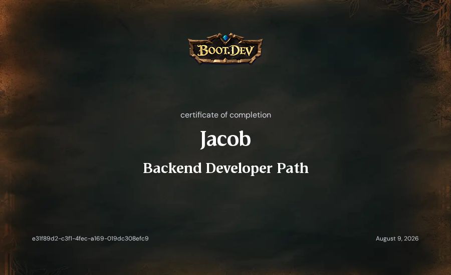 Jacob's Boot.dev Backend Developer Path certificate