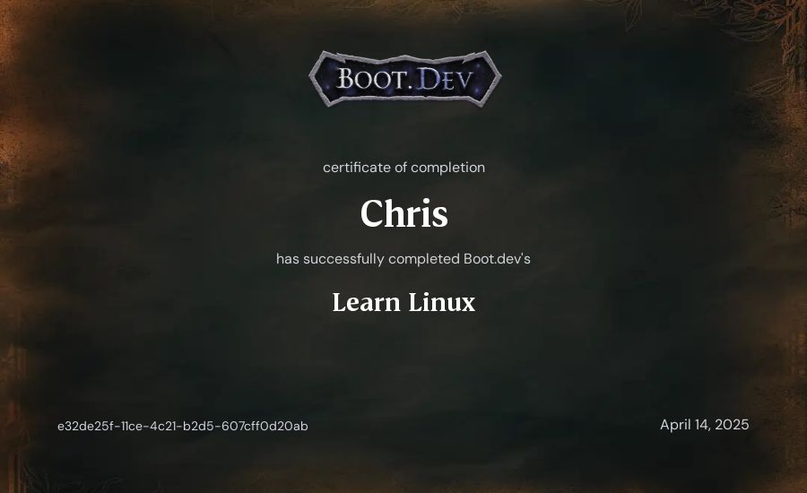 Fever Dreglord's Boot.dev Learn Linux certificate