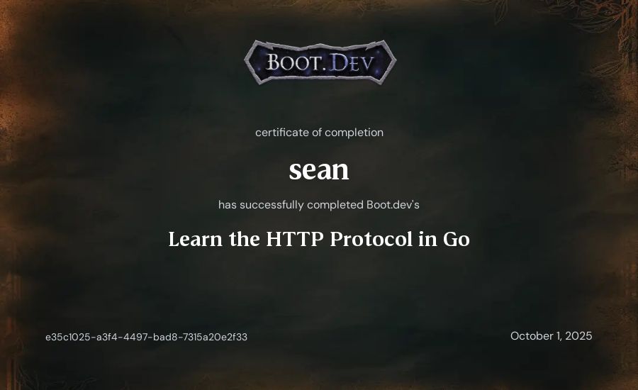 sean's Boot.dev Learn the HTTP Protocol in Go certificate