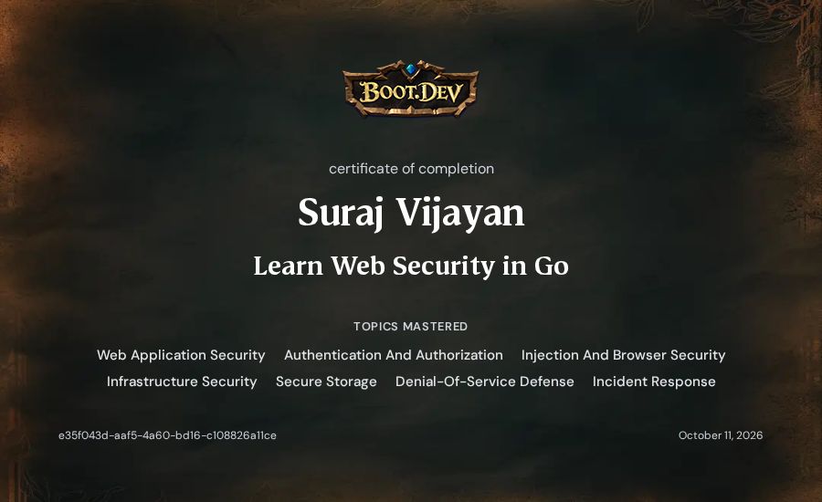 Suraj Vijayan's Boot.dev Learn Web Security in Go certificate