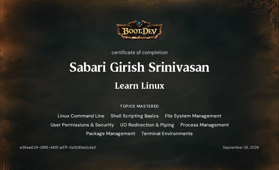 Sabari Girish Srinivasan's Boot.dev Learn Linux certificate
