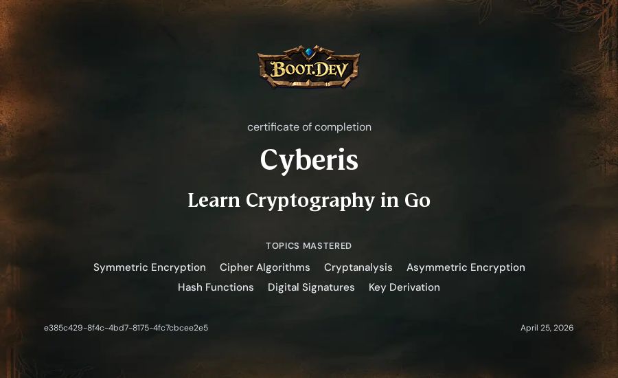 Cyberis's Boot.dev Learn Cryptography in Go certificate