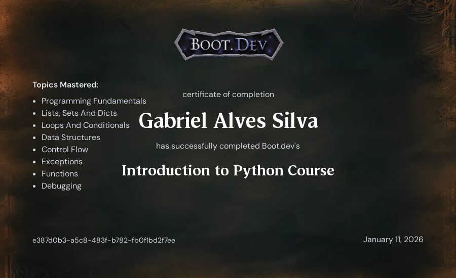 Gabriel Alves Silva's Boot.dev Introduction to Python Course certificate