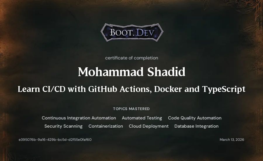 Mohammad Shadid's Boot.dev Learn CI/CD with GitHub Actions, Docker and TypeScript certificate