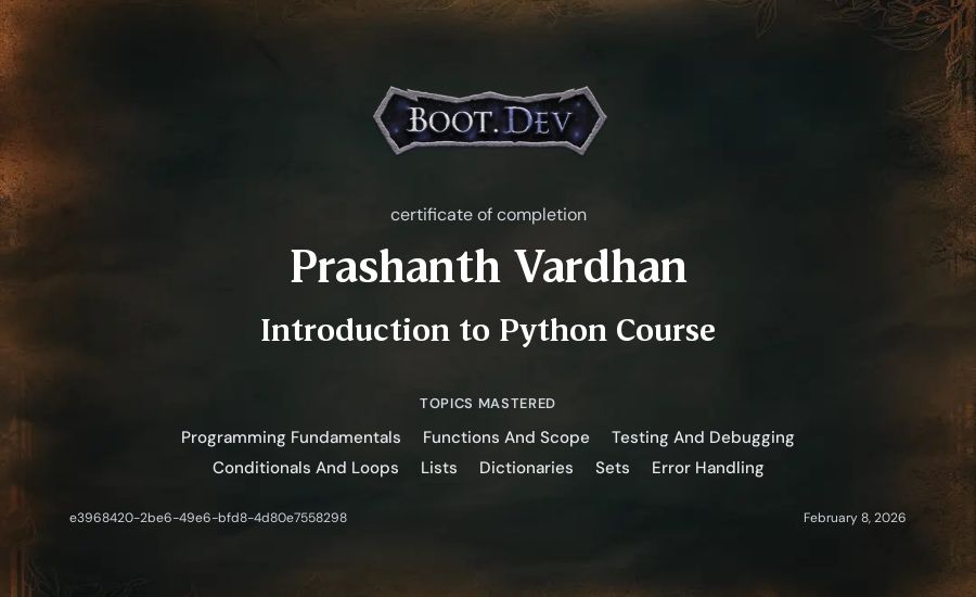 Prashanth Vardhan's Boot.dev Introduction to Python Course certificate