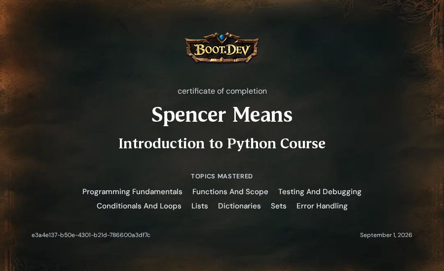 Spencer Means's Boot.dev Introduction to Python Course certificate
