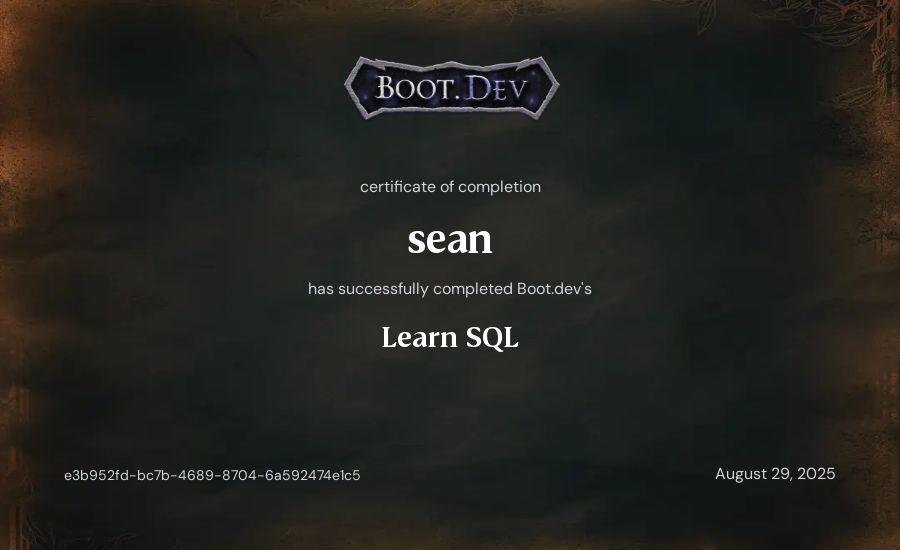 sean's Boot.dev Learn SQL certificate