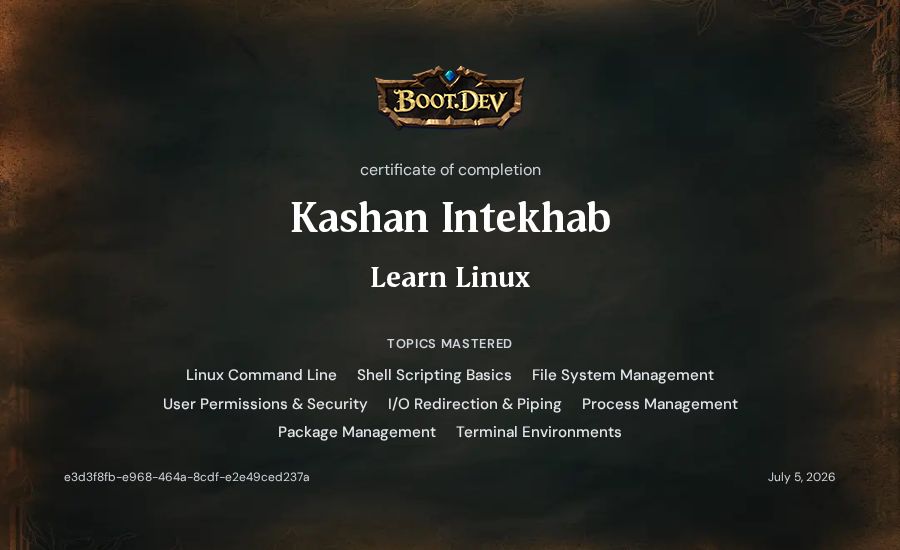 Kashan  Intekhab's Boot.dev Learn Linux certificate