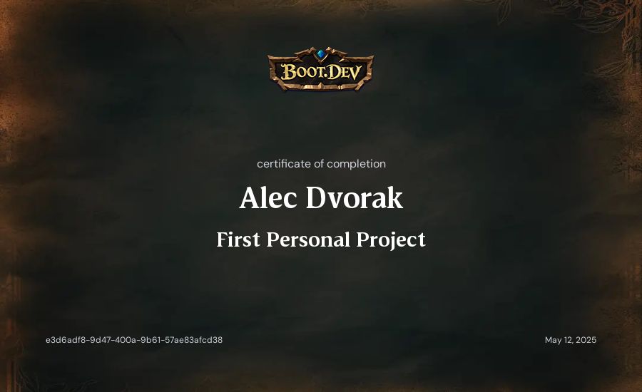 Alec Dvorak's Boot.dev First Personal Project certificate