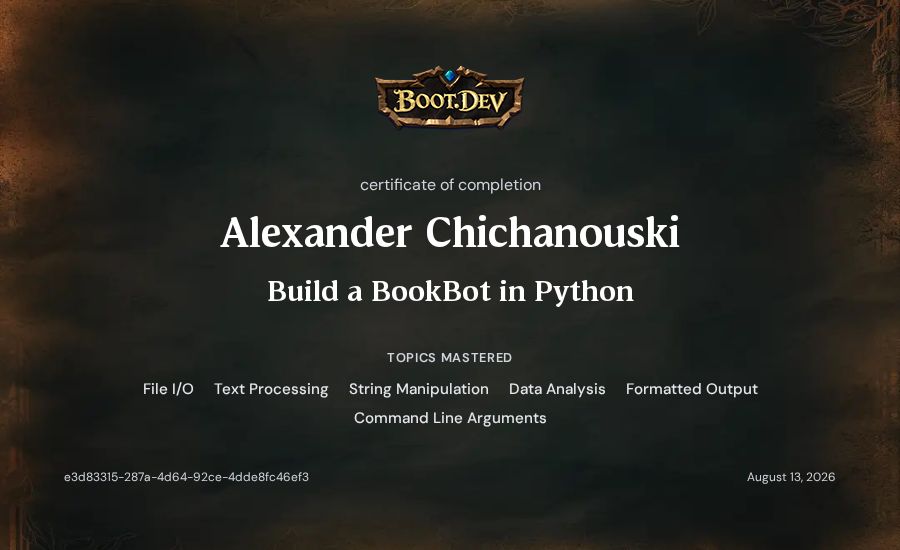 Alexander Chichanouski's Boot.dev Build a BookBot in Python certificate