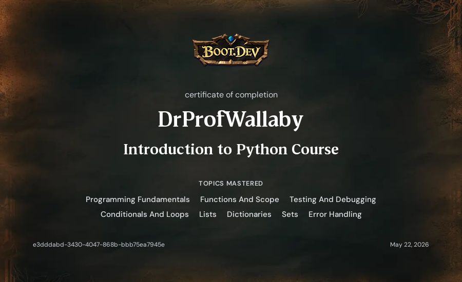 DrProfWallaby's Boot.dev Introduction to Python Course certificate