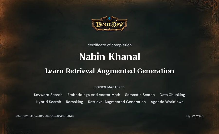 Nabin Khanal's Boot.dev Learn Retrieval Augmented Generation certificate