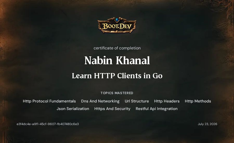 Nabin Khanal's Boot.dev Learn HTTP Clients in Go certificate