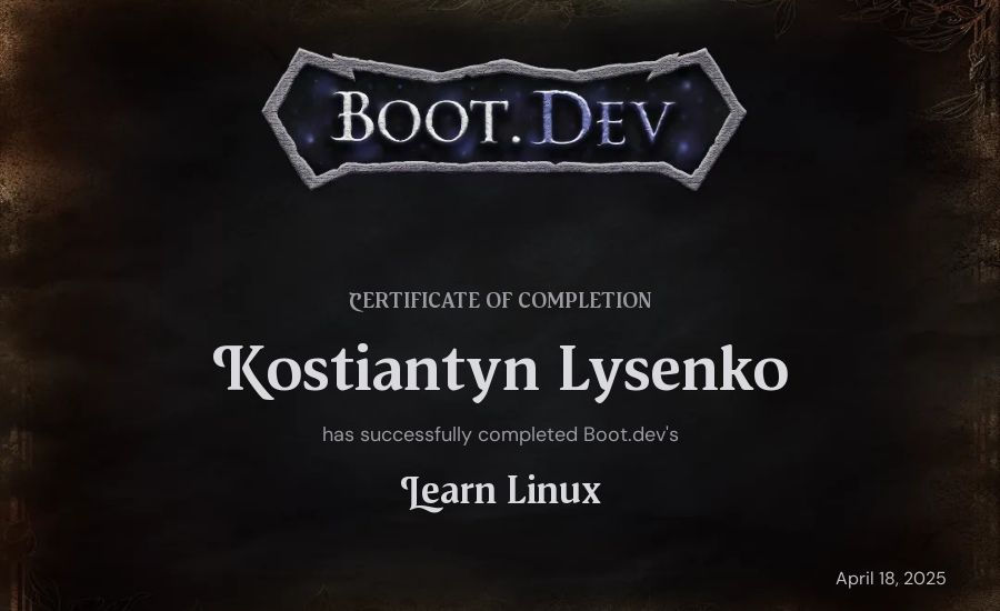 Kostiantyn Lysenko's Boot.dev Learn Linux certificate