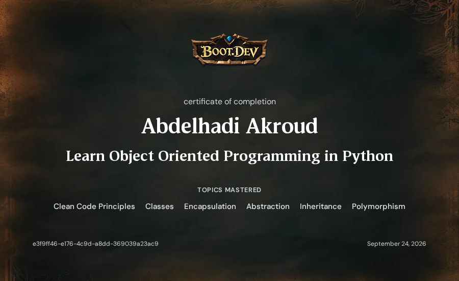 Abdelhadi Akroud's Boot.dev Learn Object Oriented Programming in Python certificate