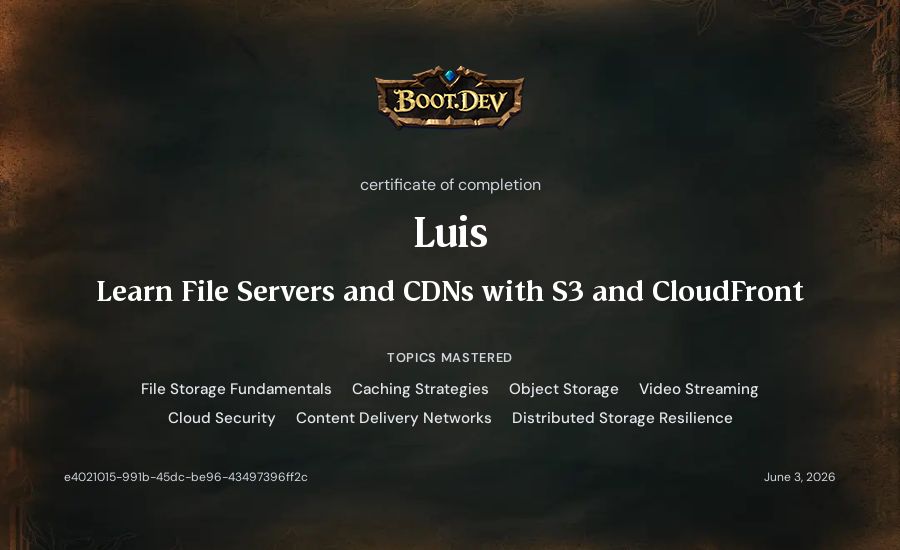 Luis's Boot.dev Learn File Servers and CDNs with S3 and CloudFront certificate