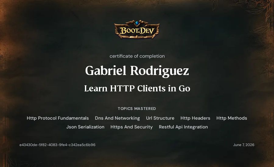 Gabriel Rodriguez's Boot.dev Learn HTTP Clients in Go certificate