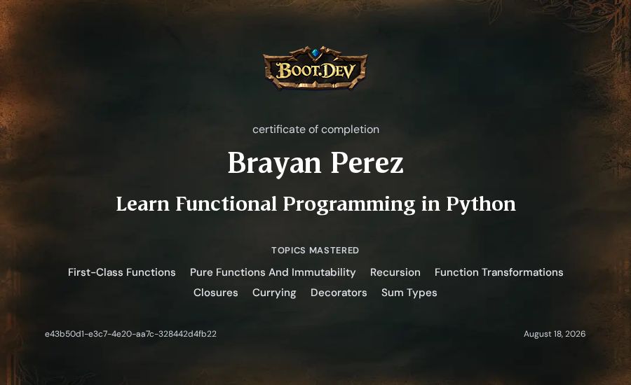 Brayan Perez's Boot.dev Learn Functional Programming in Python certificate