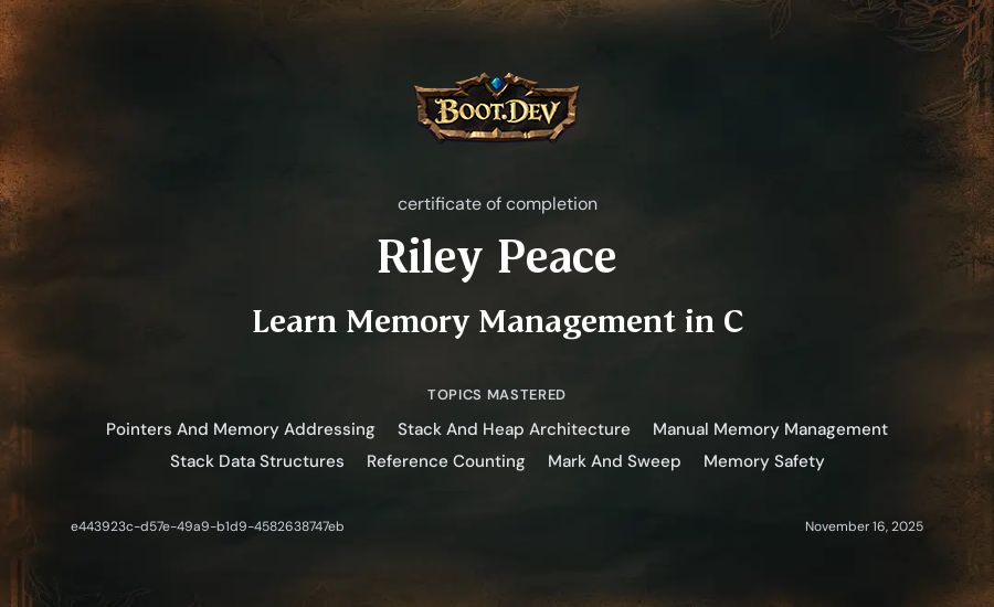Riley Peace's Boot.dev Learn Memory Management in C certificate