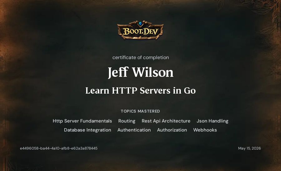 Jeff Wilson's Boot.dev Learn HTTP Servers in Go certificate