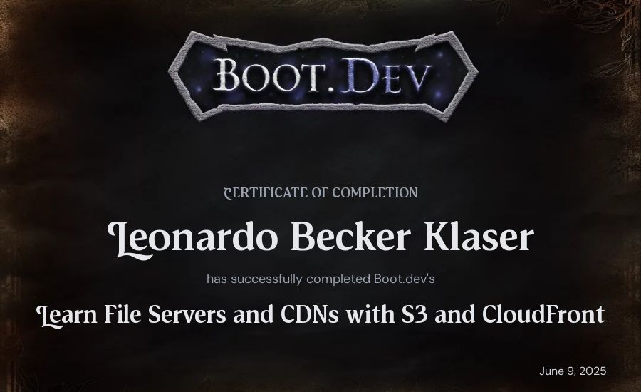 Leonardo Becker Klaser's Boot.dev Learn File Servers and CDNs with S3 and CloudFront certificate