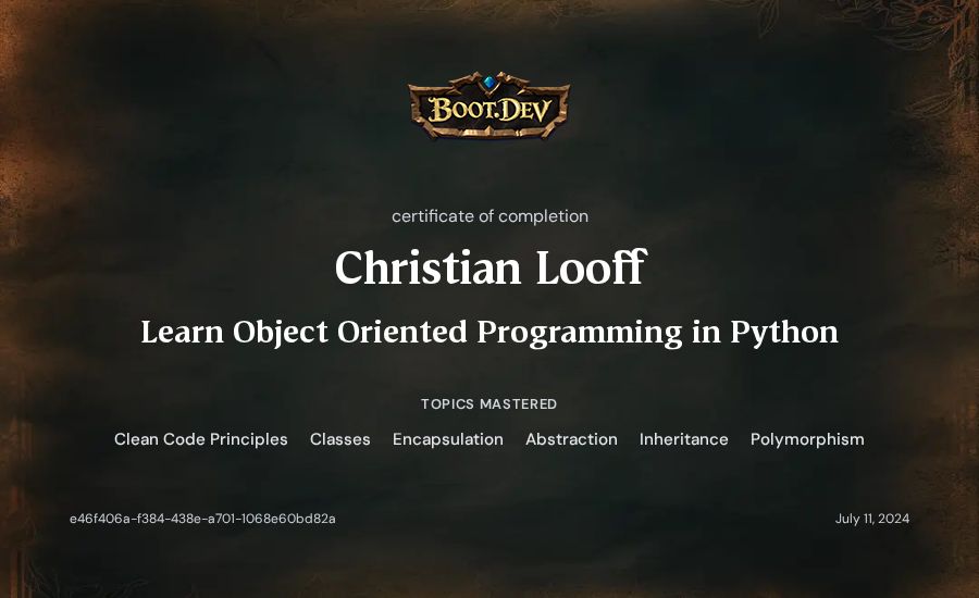 Christian Looff's Boot.dev Learn Object Oriented Programming in Python certificate