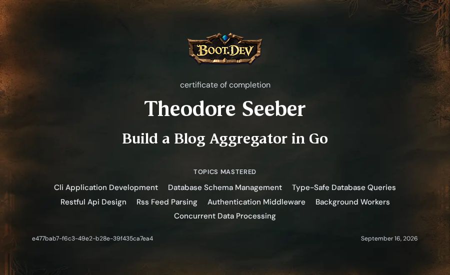Theodore Seeber's Boot.dev Build a Blog Aggregator in Go certificate