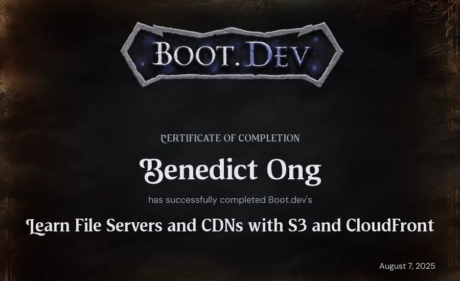 Benedict Ong's Boot.dev Learn File Servers and CDNs with S3 and CloudFront certificate