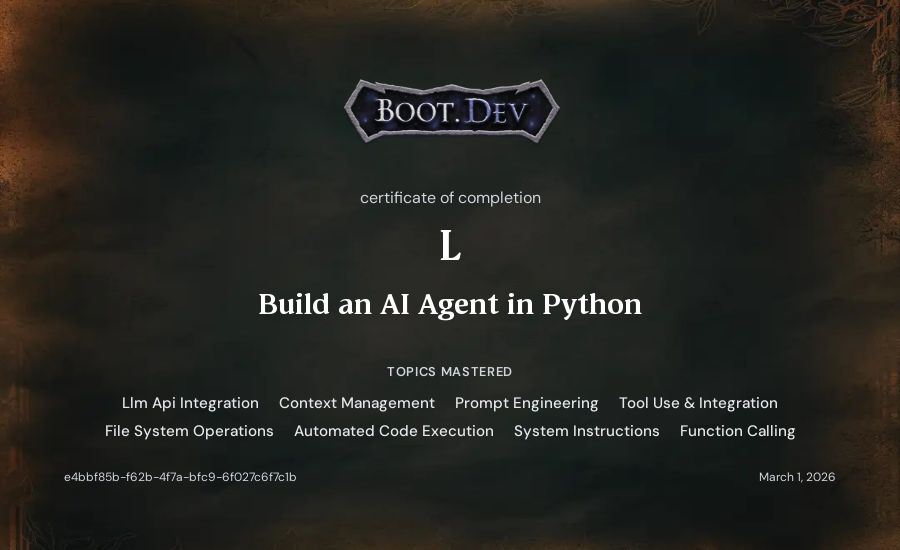 L's Boot.dev Build an AI Agent in Python certificate