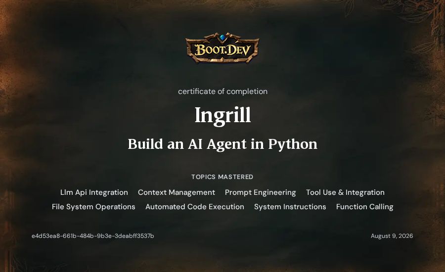 Ingrill's Boot.dev Build an AI Agent in Python certificate