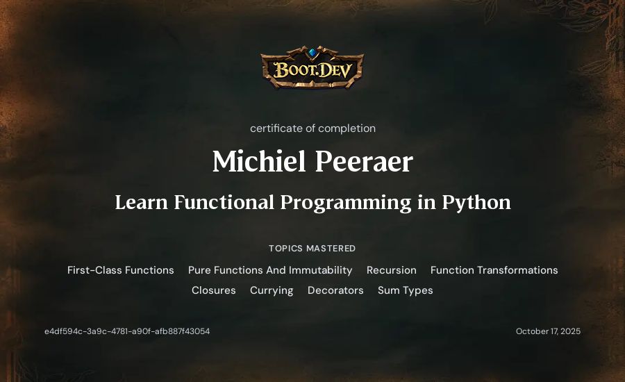 Michiel Peeraer's Boot.dev Learn Functional Programming in Python certificate