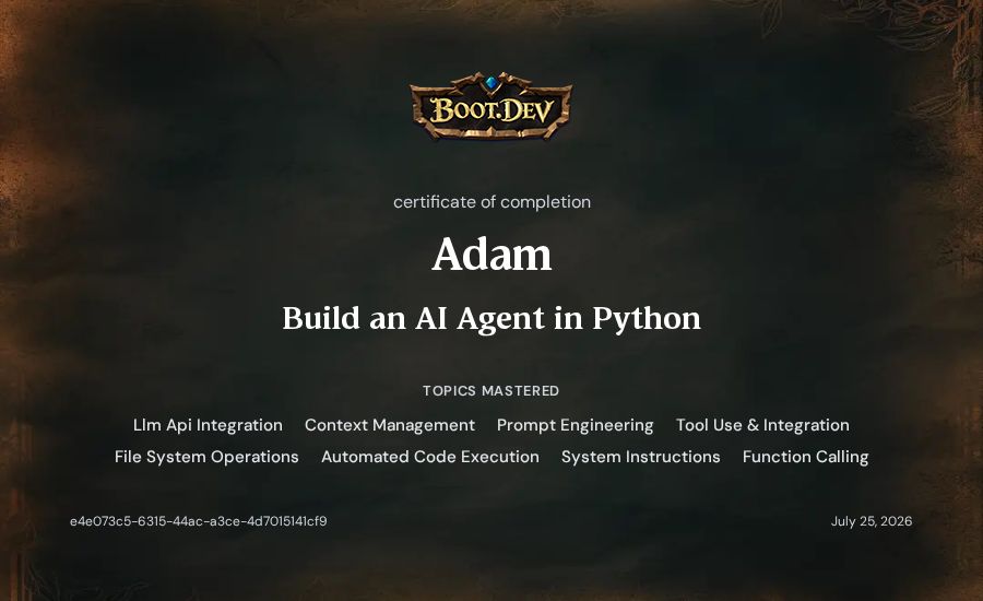 Adam's Boot.dev Build an AI Agent in Python certificate