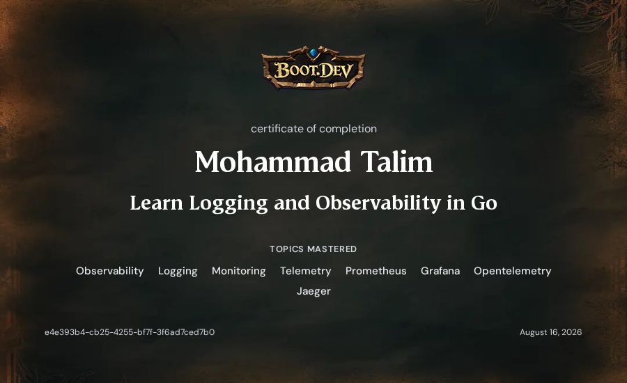Mohammad Talim's Boot.dev Learn Logging and Observability in Go certificate