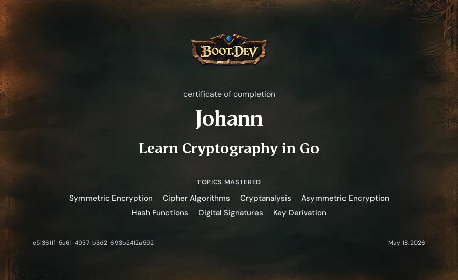 Johann's Boot.dev Learn Cryptography in Go certificate