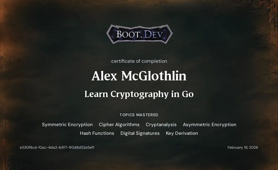 Alex McGlothlin's Boot.dev Learn Cryptography in Go certificate
