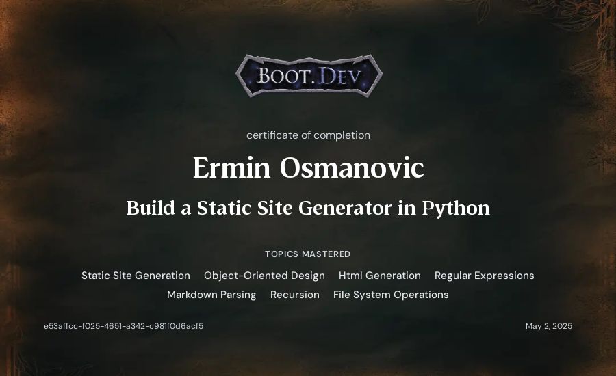 Ermin Osmanovic's Boot.dev Build a Static Site Generator in Python certificate