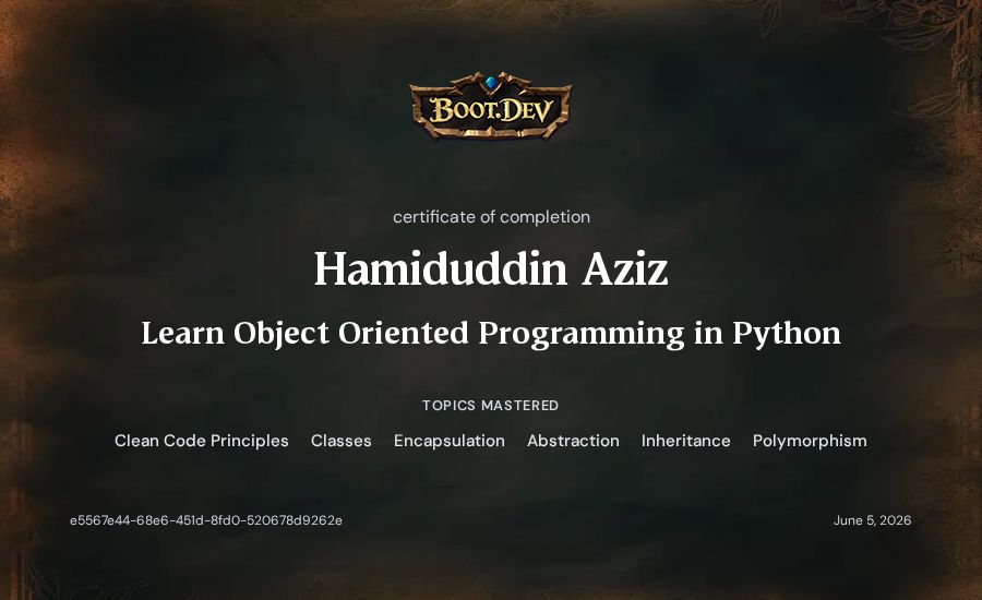 Hamiduddin Aziz's Boot.dev Learn Object Oriented Programming in Python certificate
