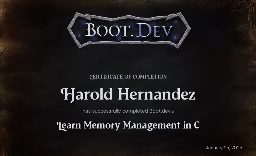 Harold Hernandez's Boot.dev Learn Memory Management in C certificate