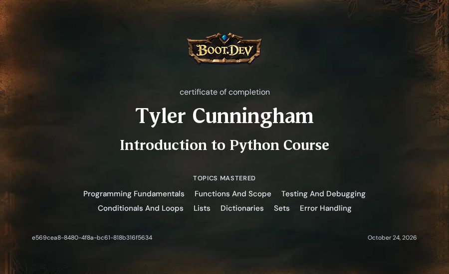 Tyler Cunningham's Boot.dev Introduction to Python Course certificate