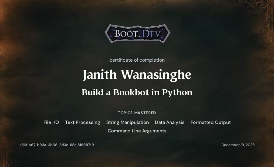 Janith Wanasinghe's Boot.dev Build a BookBot in Python certificate