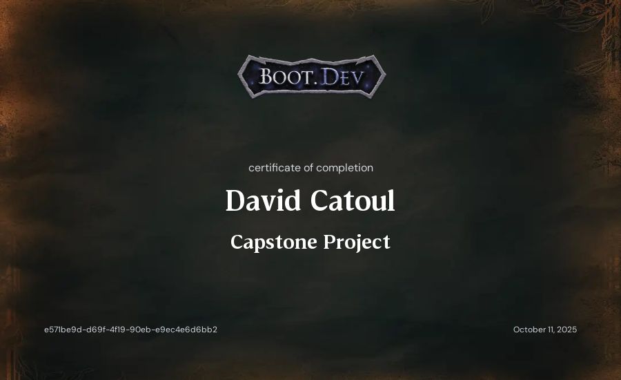 David Catoul's Boot.dev Capstone Project certificate