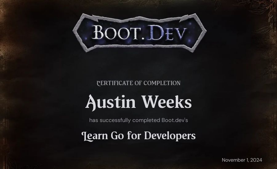 Austin Weeks's Boot.dev Learn Go certificate