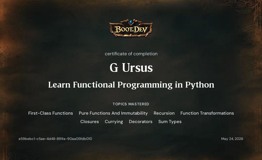 G Ursus's Boot.dev Learn Functional Programming in Python certificate